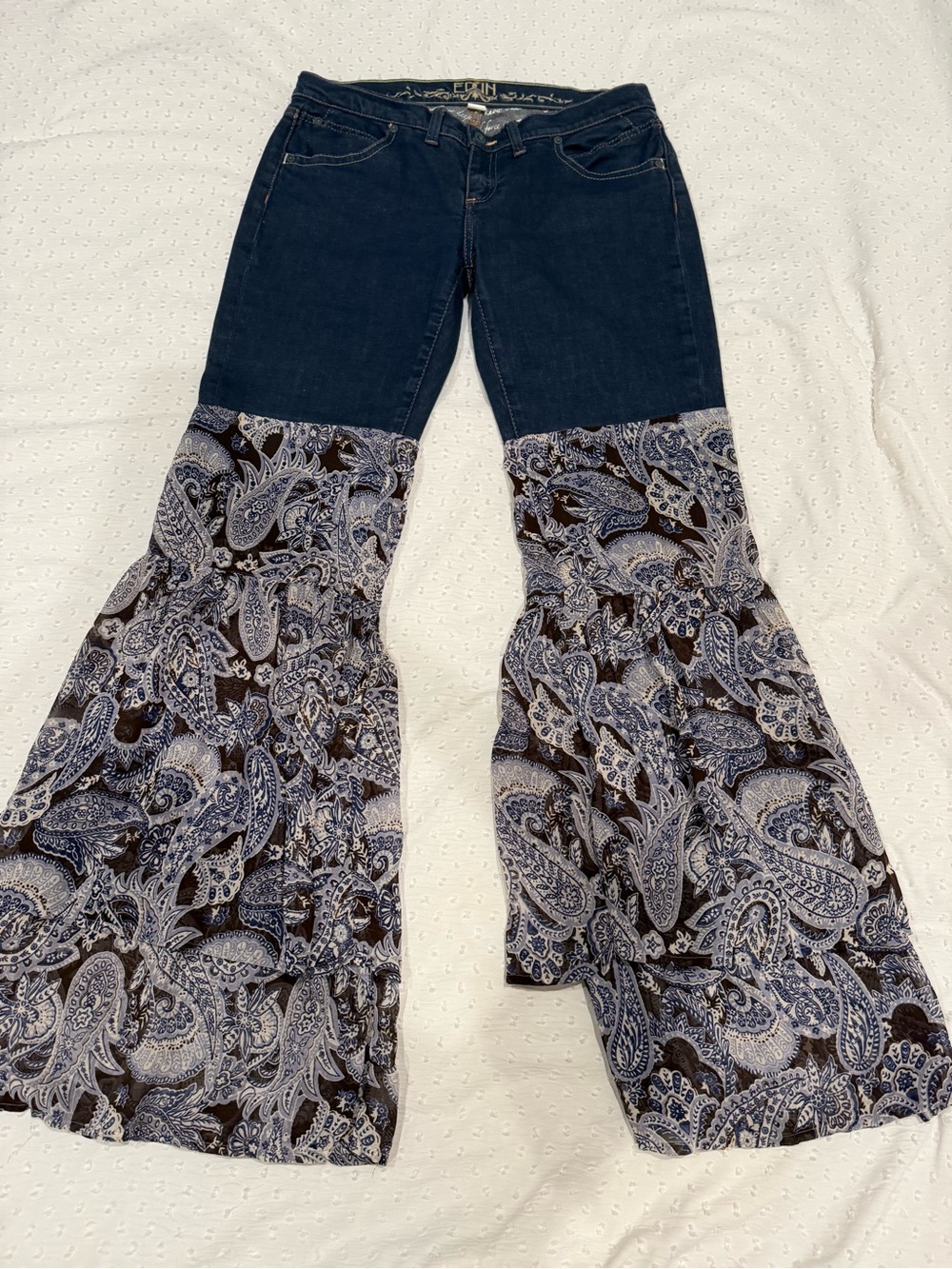 EDUN Ruffle-Tiered Paisley Bell Bottom Jeans
